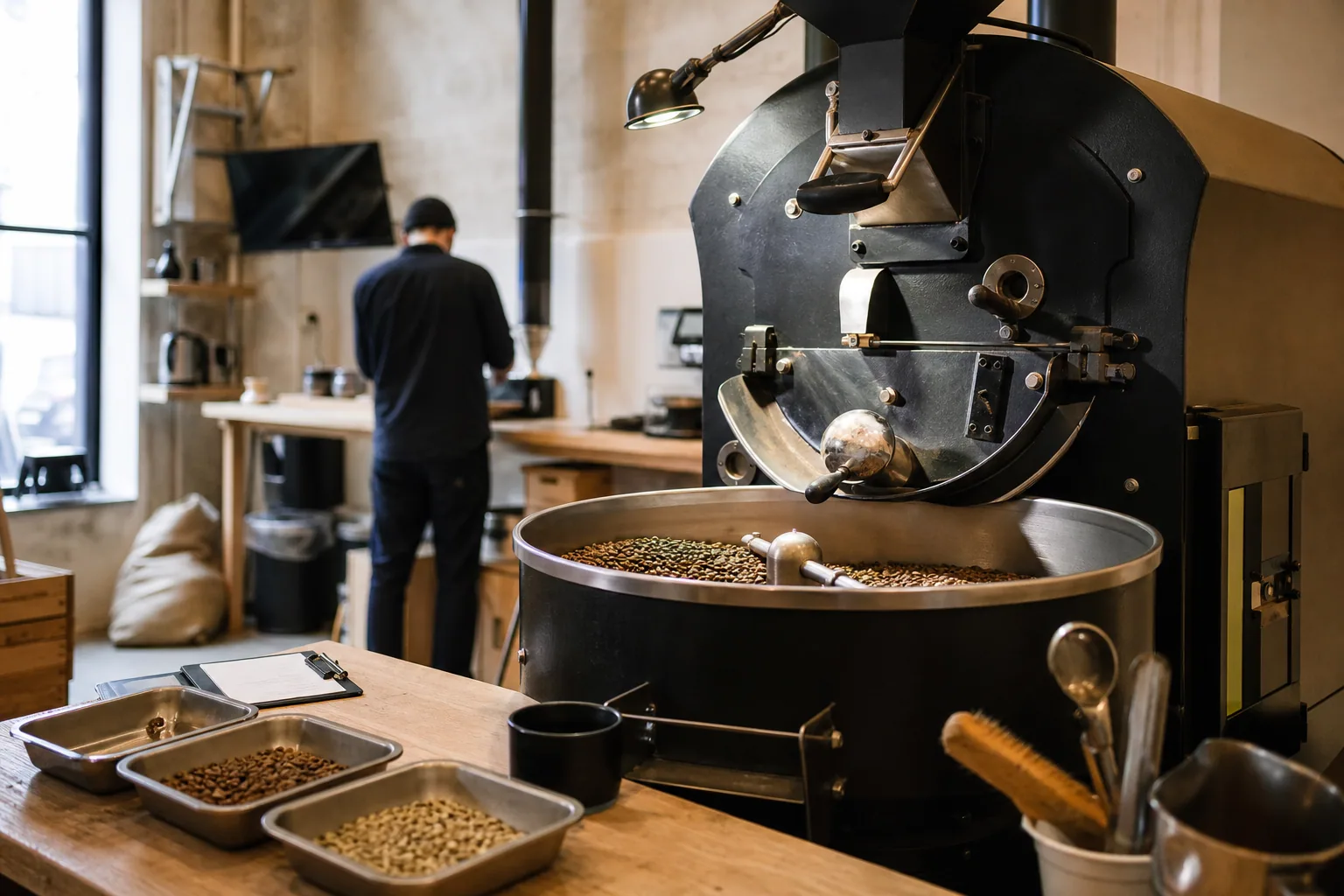 Abstrakt illustration af kafferisteri og grøn versus ristet kaffe
