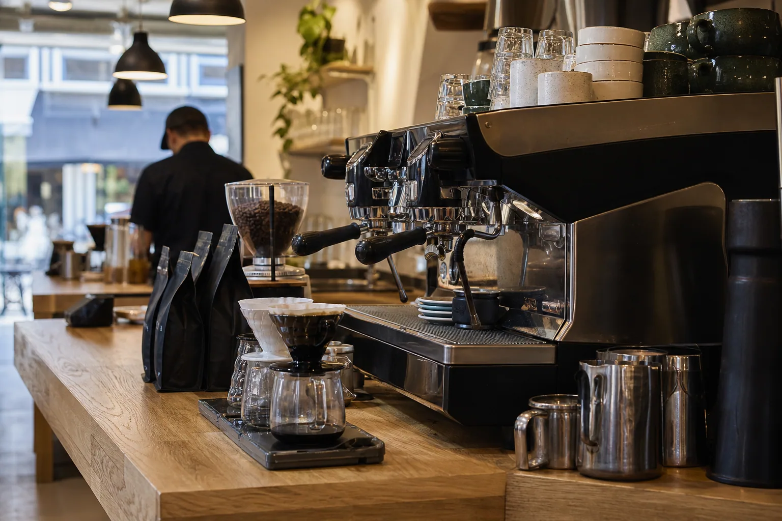 Specialty kaffebønner fra Brasil, Kenya, Costa Rica og Etiopien i glas på hylderne