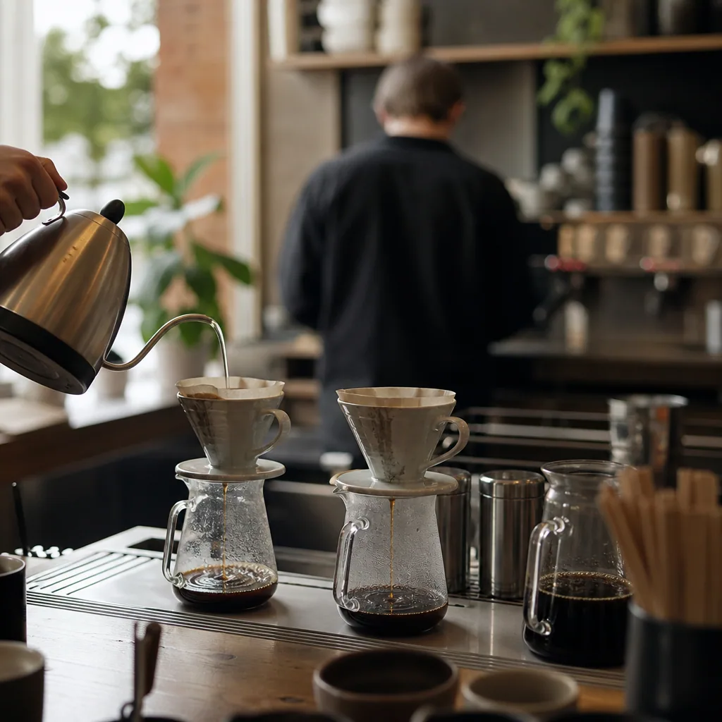 Barista hælder håndbrygget kaffe