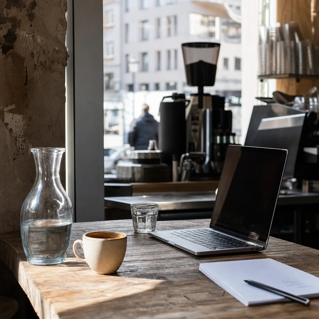 Arbejdsområde med laptop og kaffe