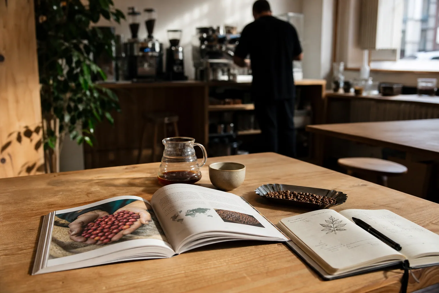Kaffebønner og bryggeudstyr på et køkkenbord