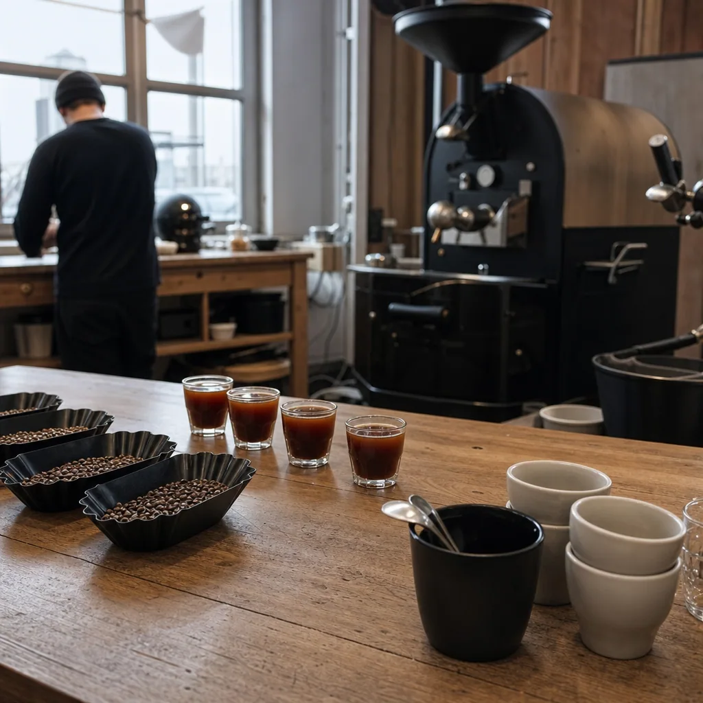 Personale hjælper kunde med kaffeval