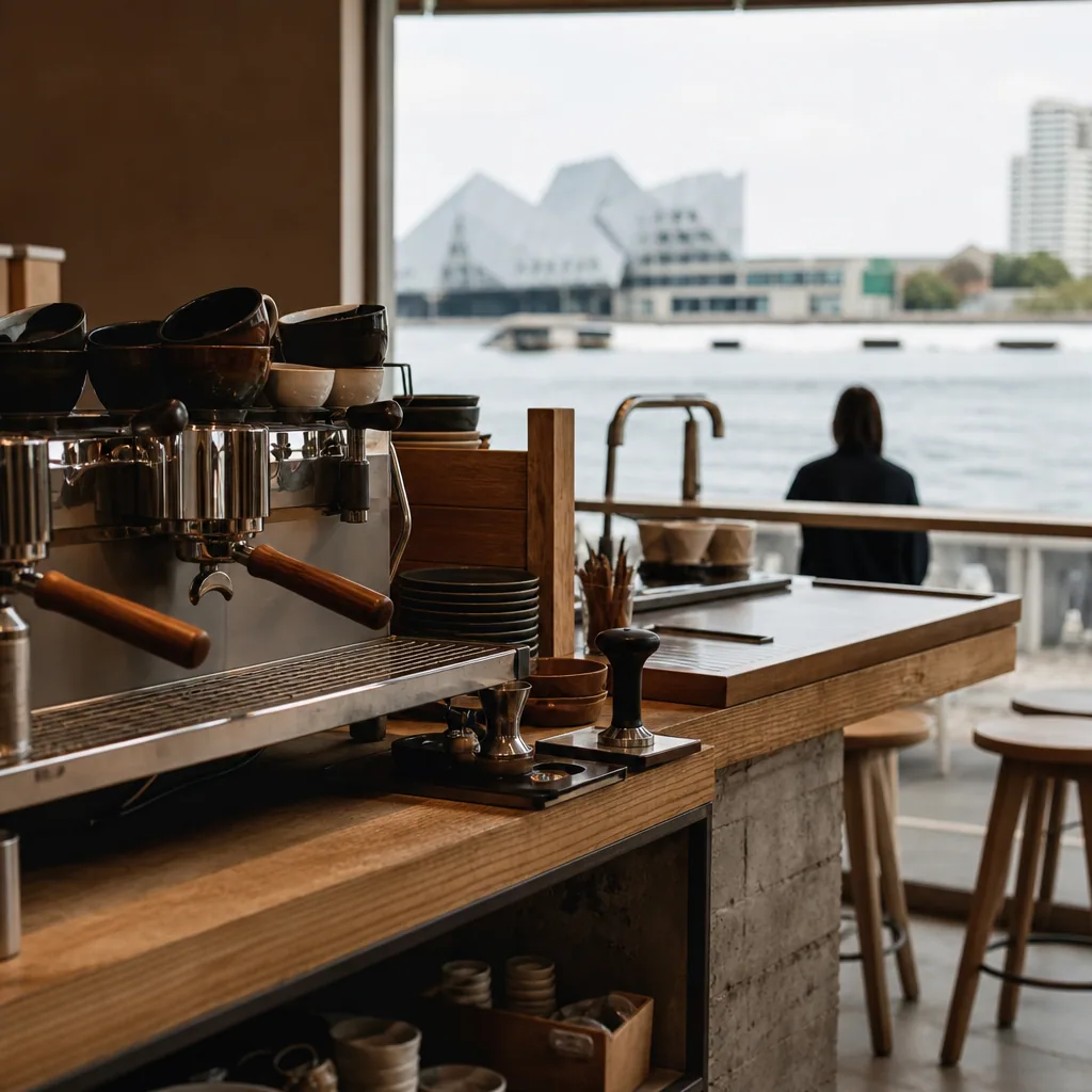 Indre af Street Coffee Porto med grå vægge og træ-møbler