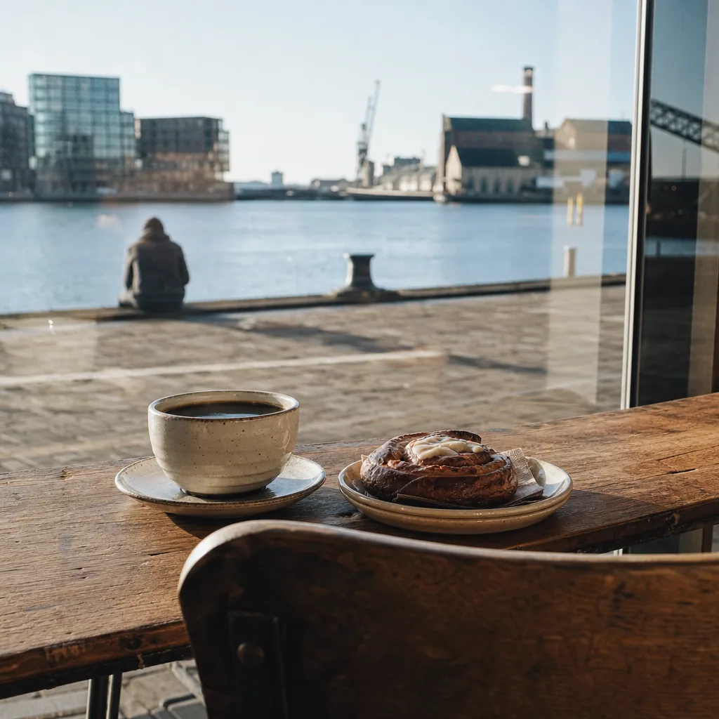 Specialty kaffe og croissant på bord ved vindue