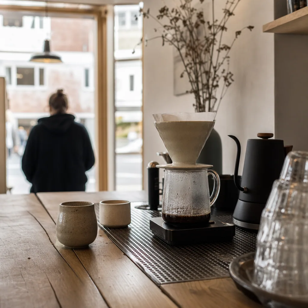 Kaffébar counter med fokus på gæster