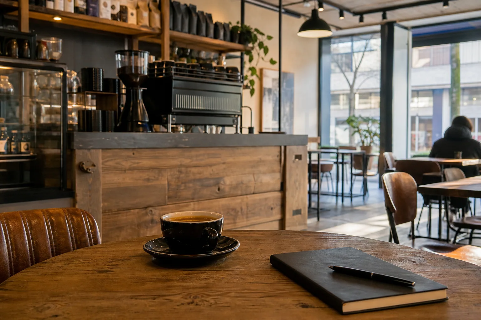 Espresso-maskine og uddannet barista tilbereder specialty-kaffe