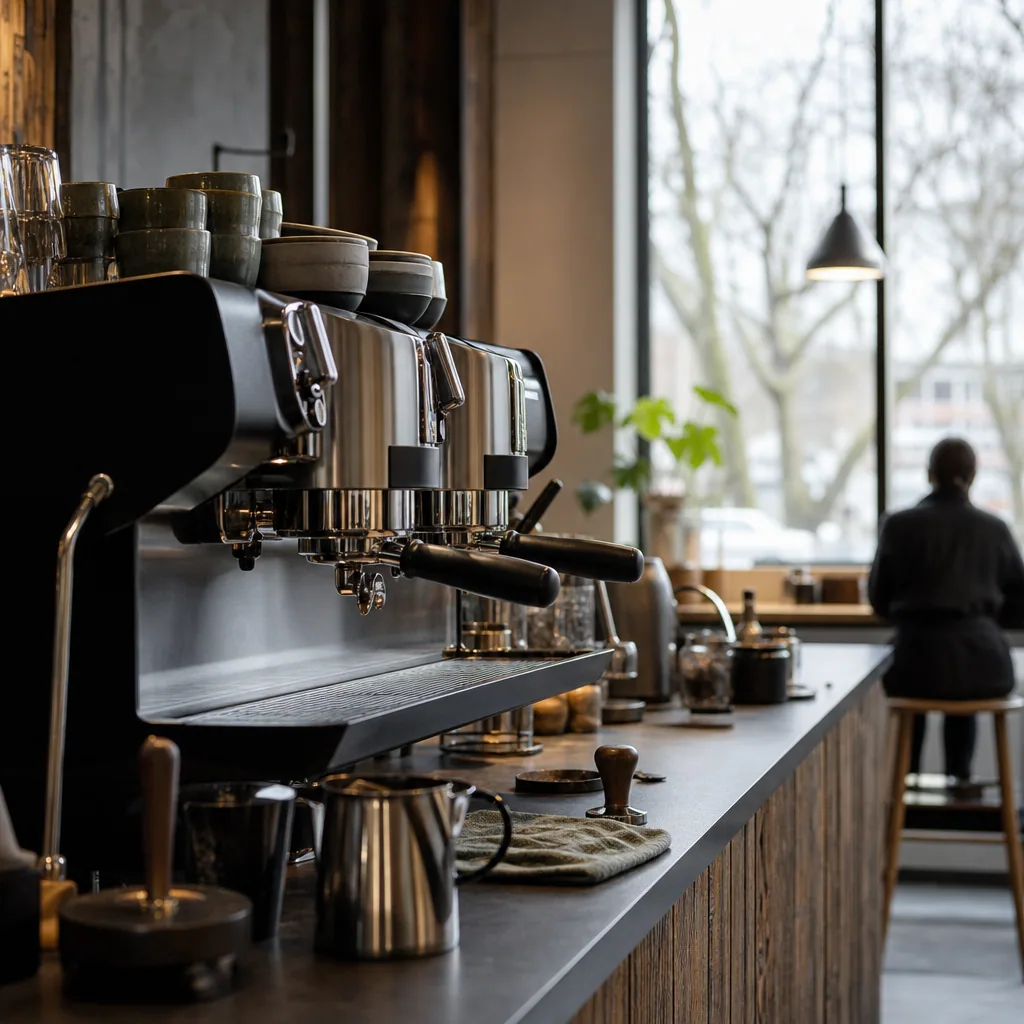Lyst, minimalistisk indre af Espresso House Vejle med højtborde ved vinduerne