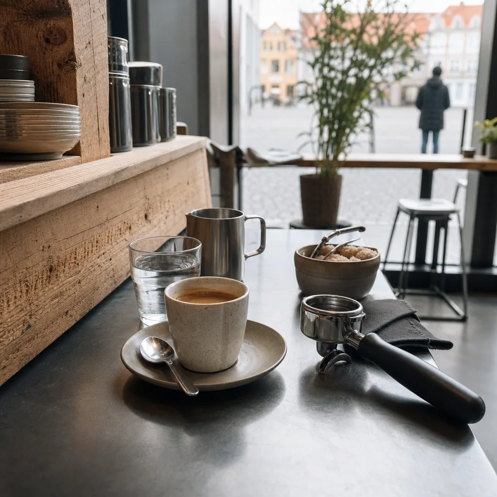 Kager og småsnacks på hylder ved caféen
