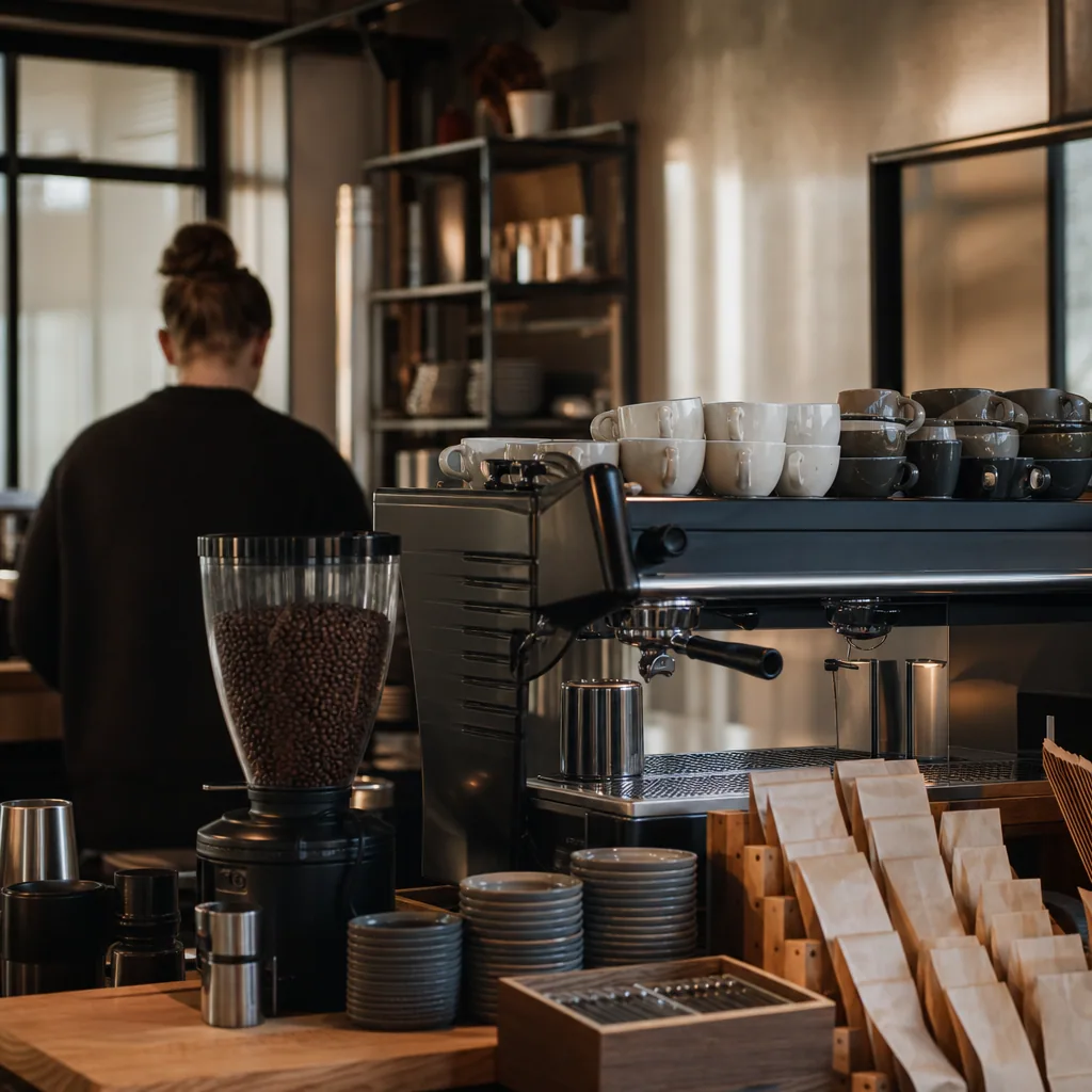 Frellsen Kaffebars minimalistiske interiør med rustikt træ