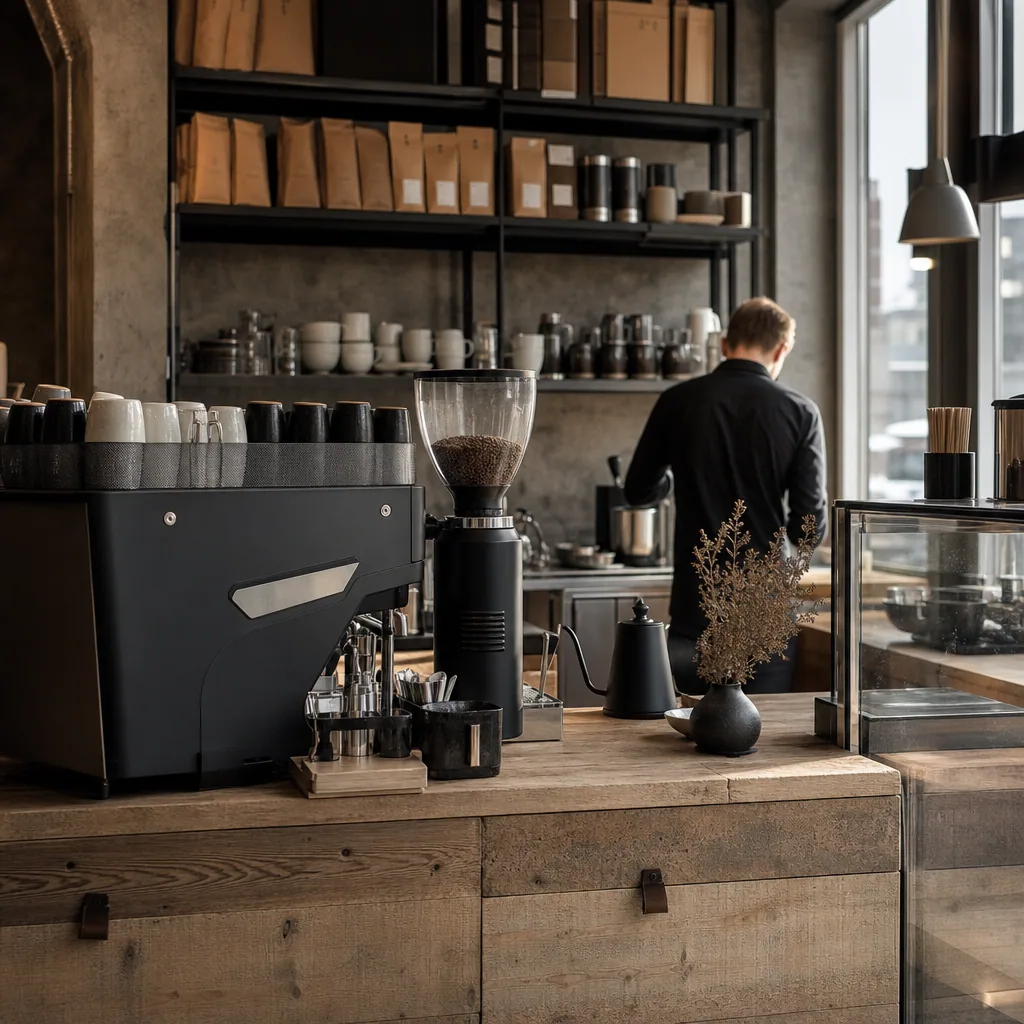 Interiøret på Frellsen Kaffe - minimalistisk værksted-design