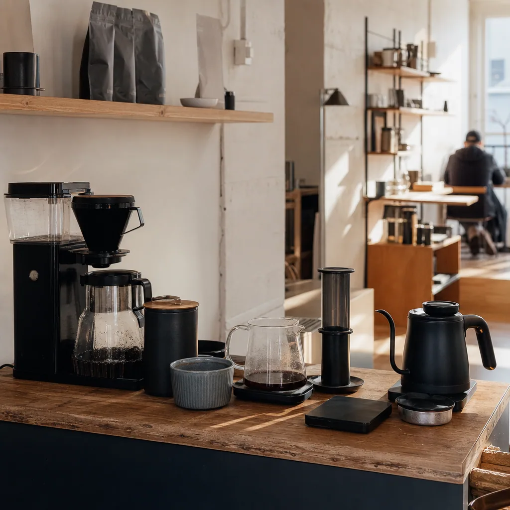 Kaffevaerk interior med planter og lys
