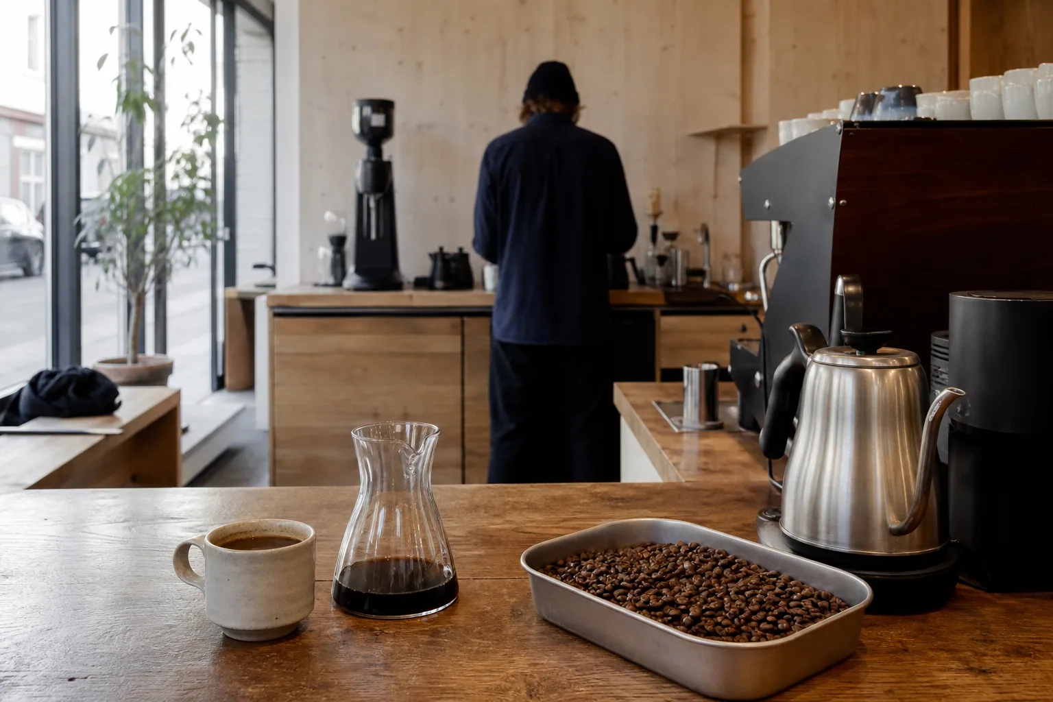 Interiør af specialty kaffebar med enkel indretning og fokus på håndværk