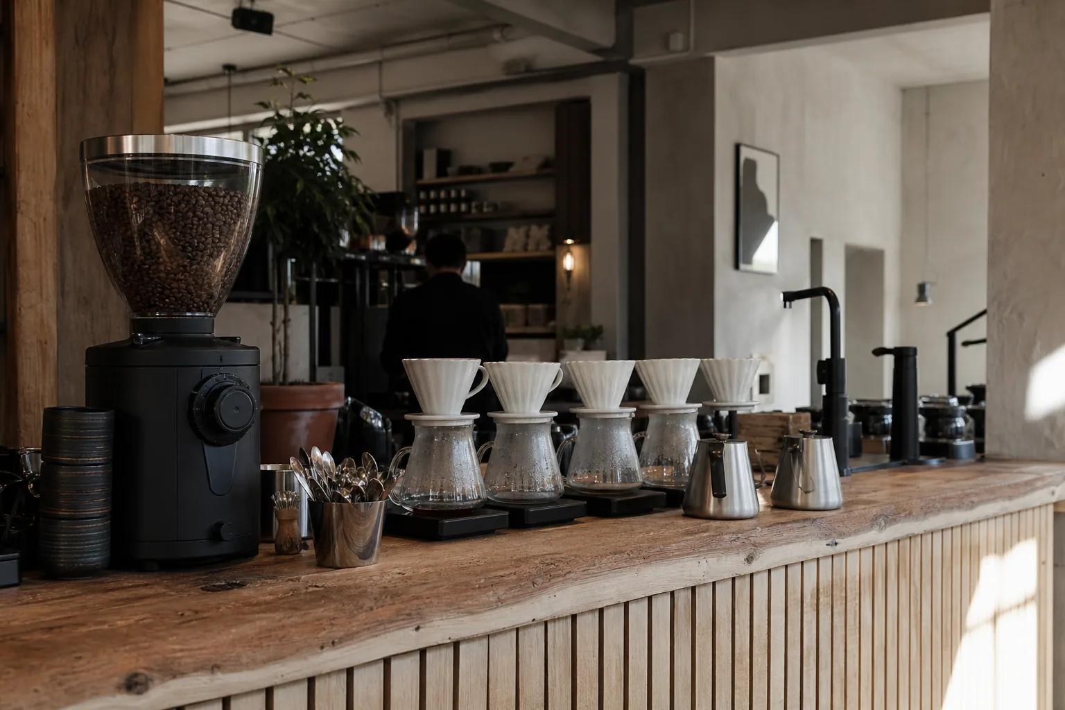 Friskbrygget kaffe der bliver hældt i en kop med præcision