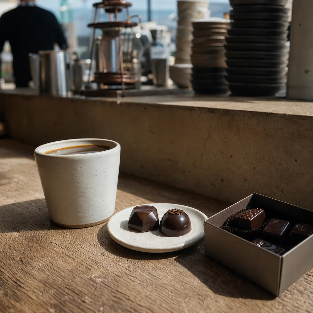 Håndplukkede chokolader ved siden af en kaffekoppe