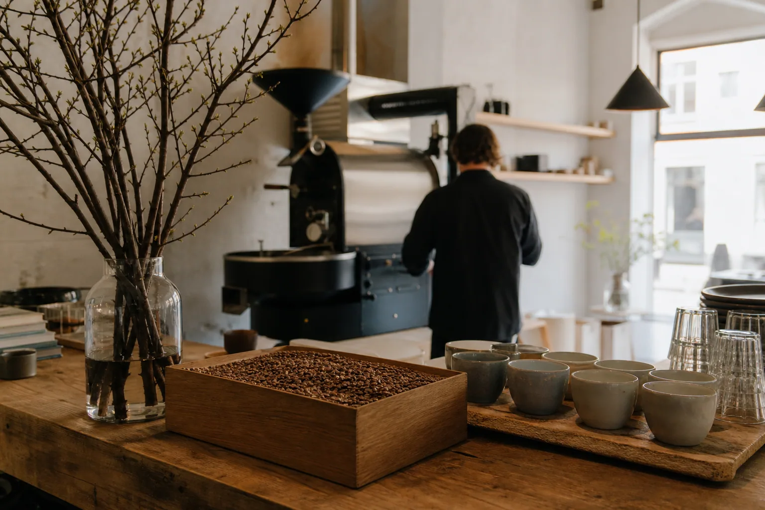 Interior af Nordic Roasting Co med synligt ristningsudstyr