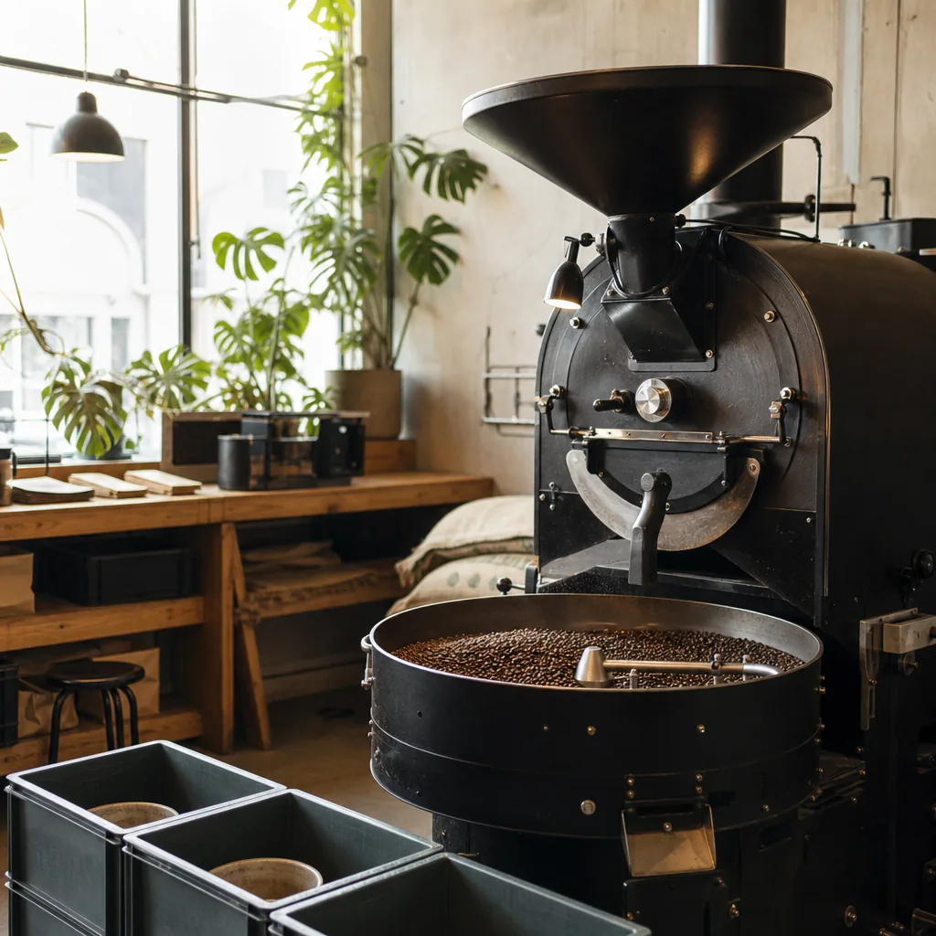 Indvendig på Nordic Roasting Co med bardisk og ristningsudstyr