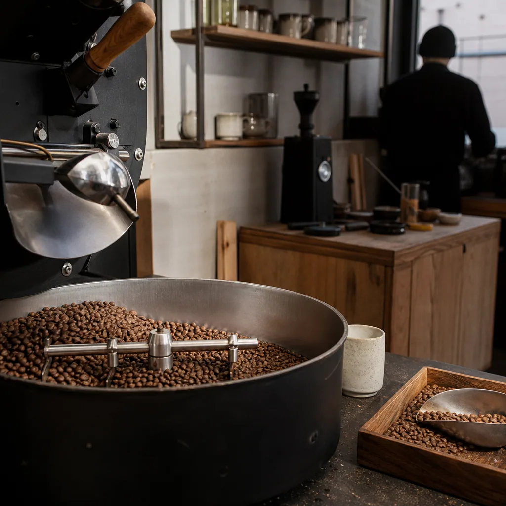 Kaffebar og hylder med bønner fra forskellige oprindelser