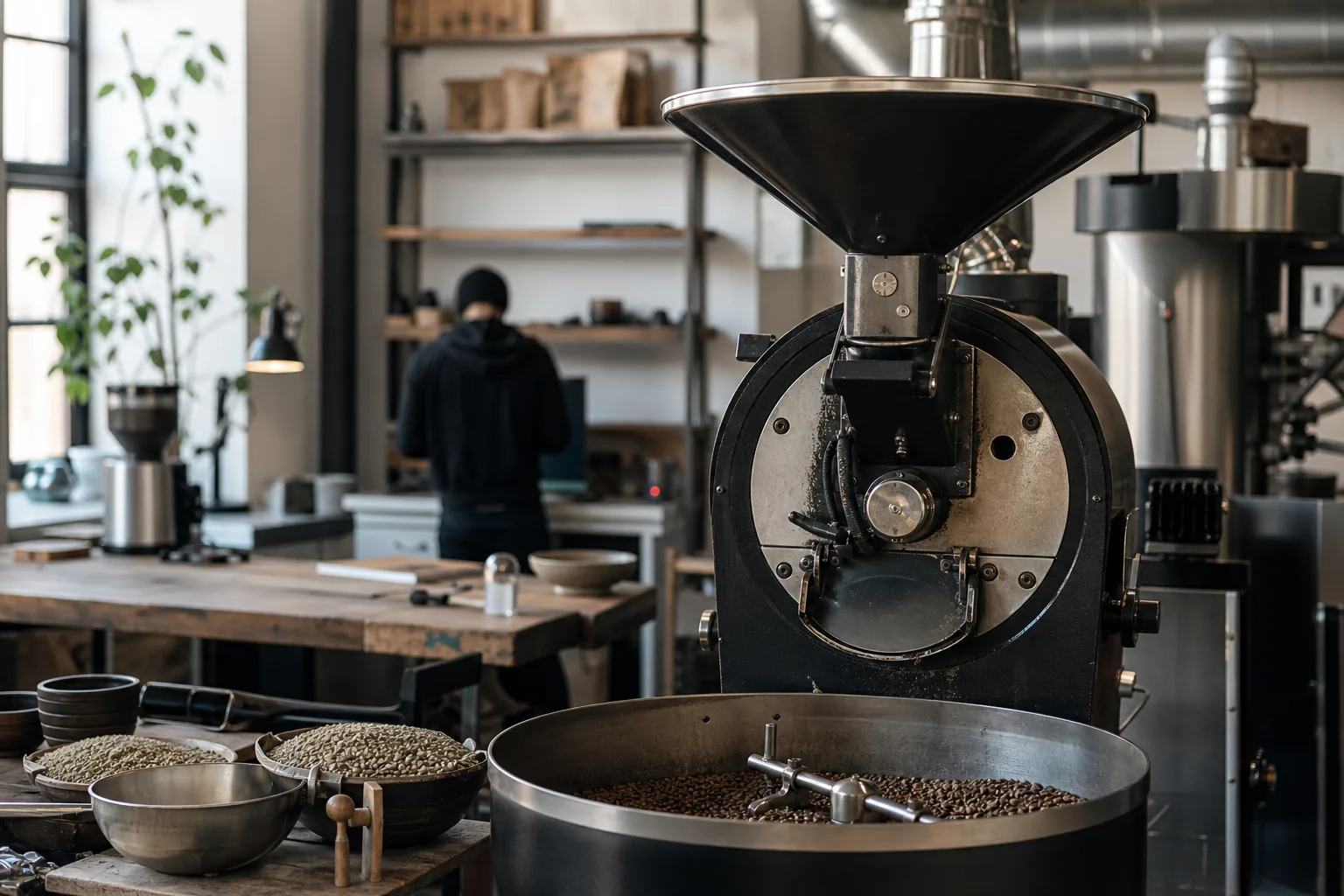 Minimalistisk kaffebar interiør med trolde borde og lyst lys