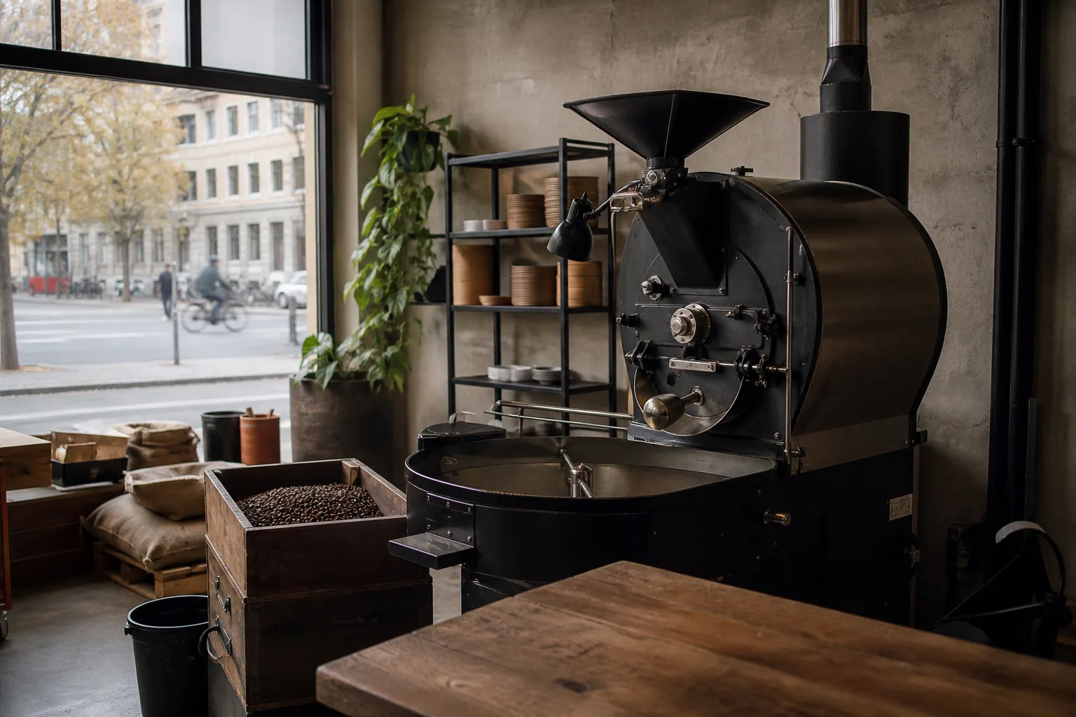 Hyggelig kaffebar med grønne plantas og naturligt lys