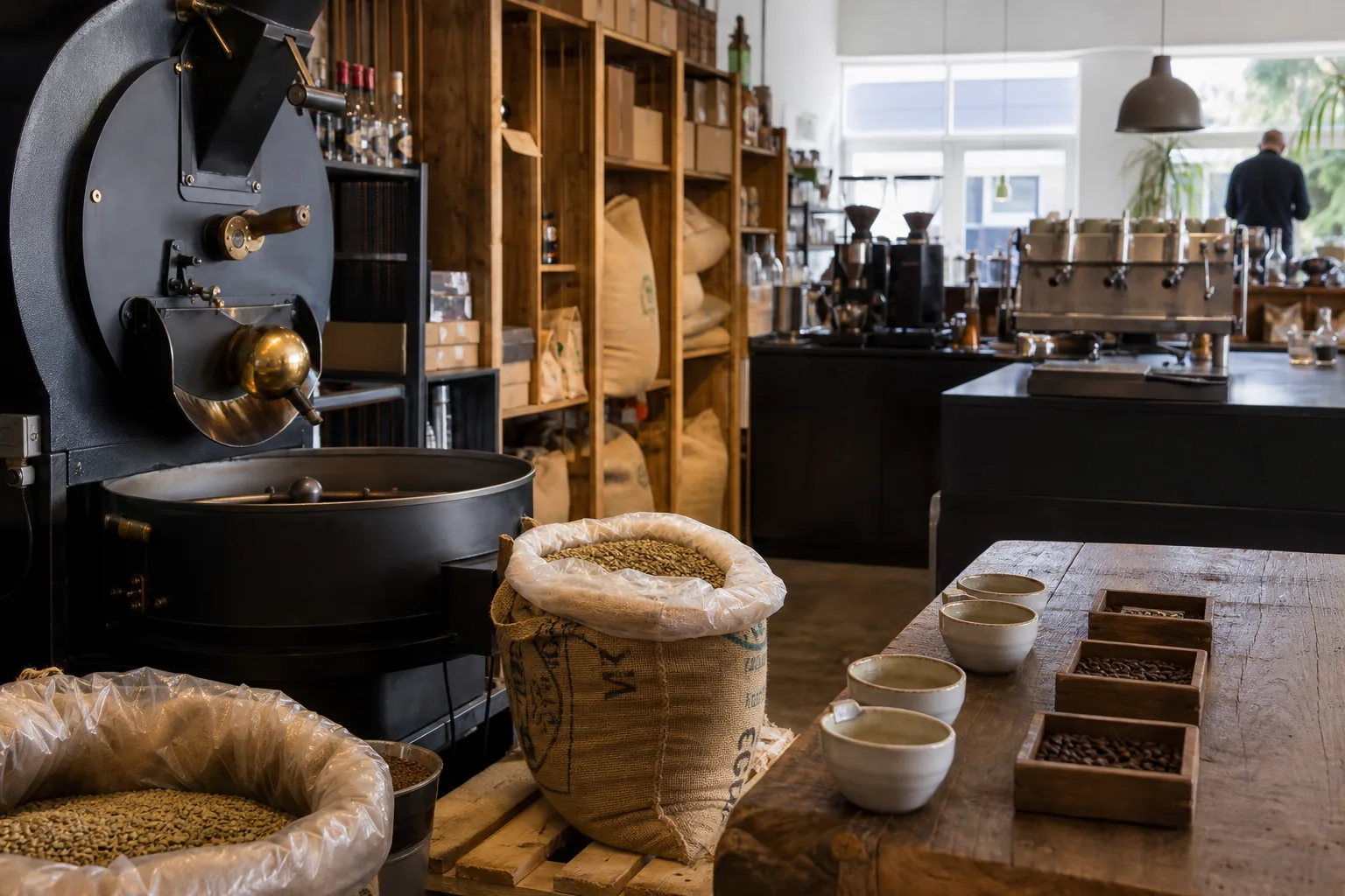 Interiør fra Kaffe Lars med risteri og kaffebar integreret