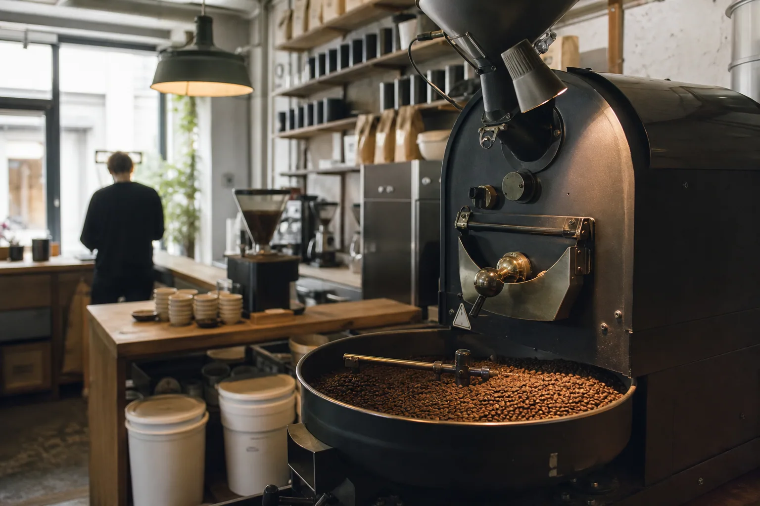 Stemning og indretning: En moderne roastery-café hvor kaffe er kunsten