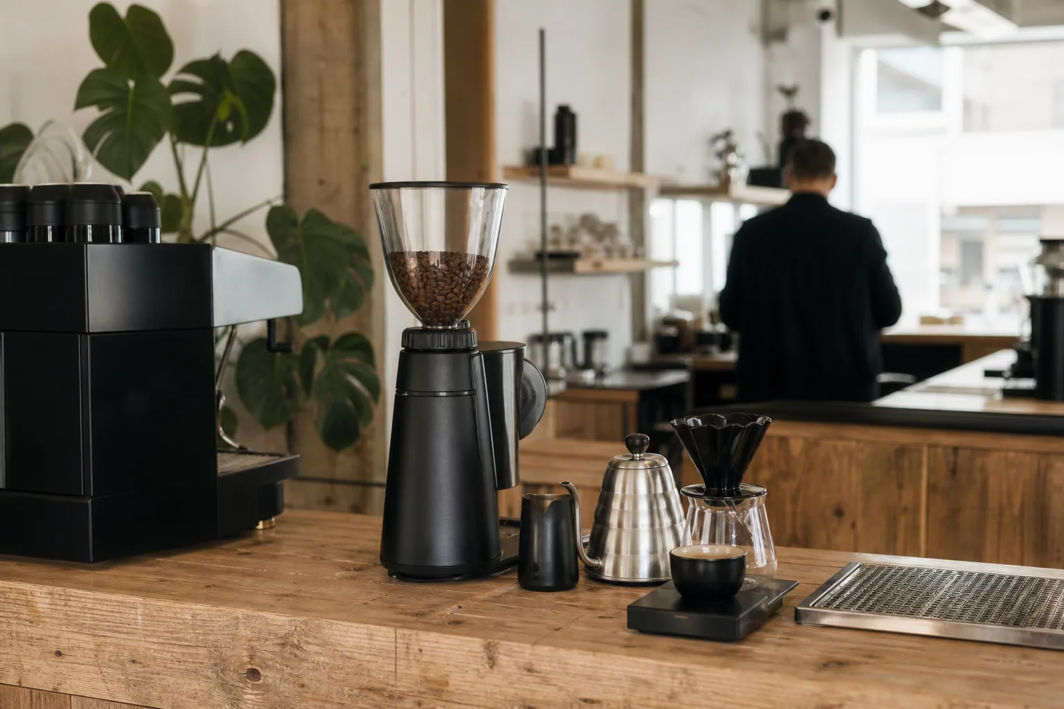 Interiør af Kaffeexpressen med arbejdsbord, hylde-display og sidepladser