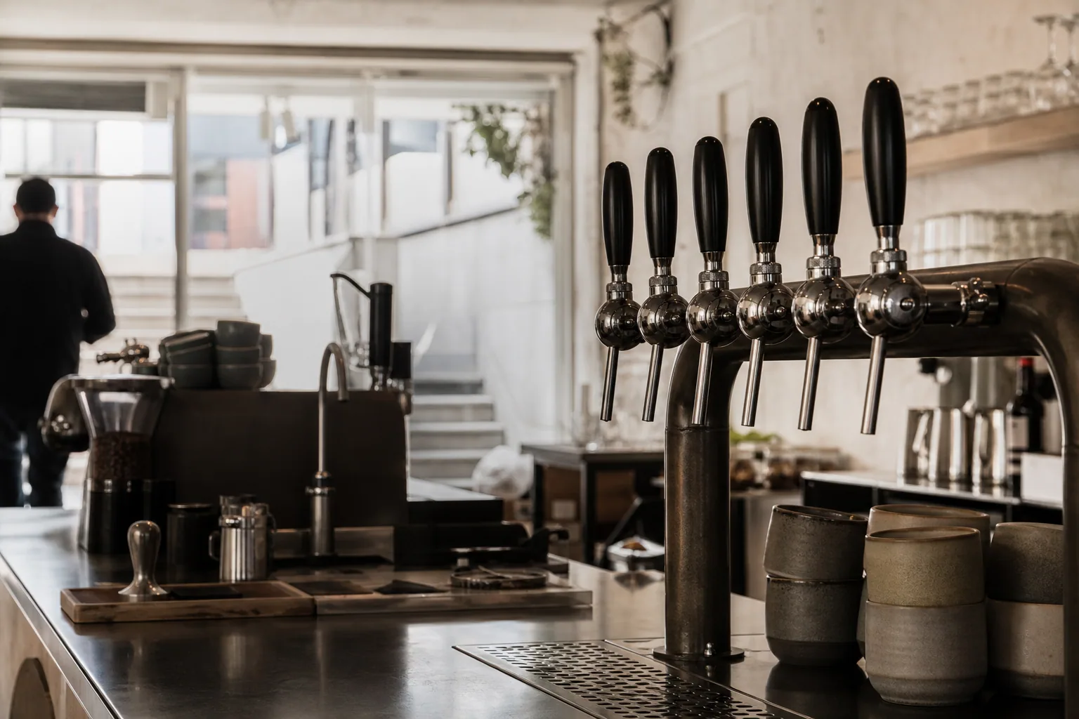 Specialty kaffe og fadølsglas på baren