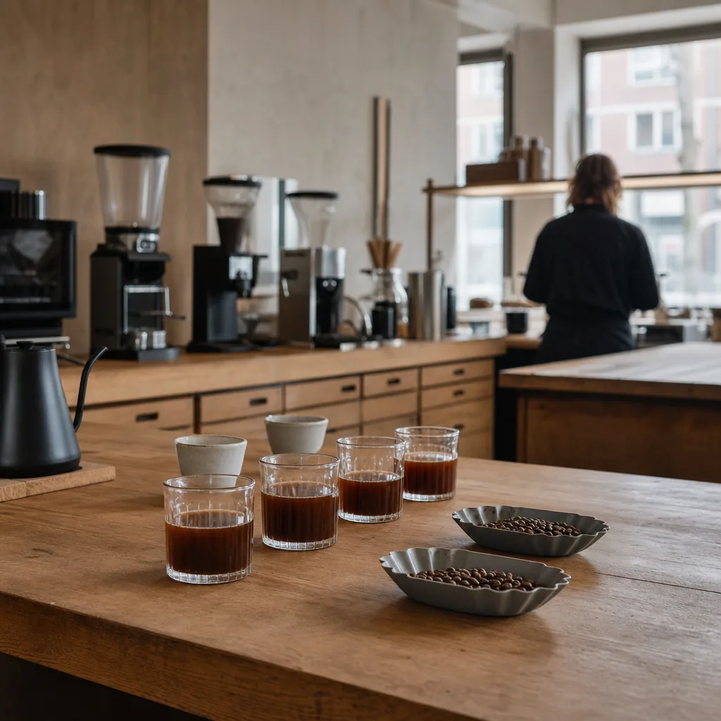 Gæst nyder kaffe ved bord