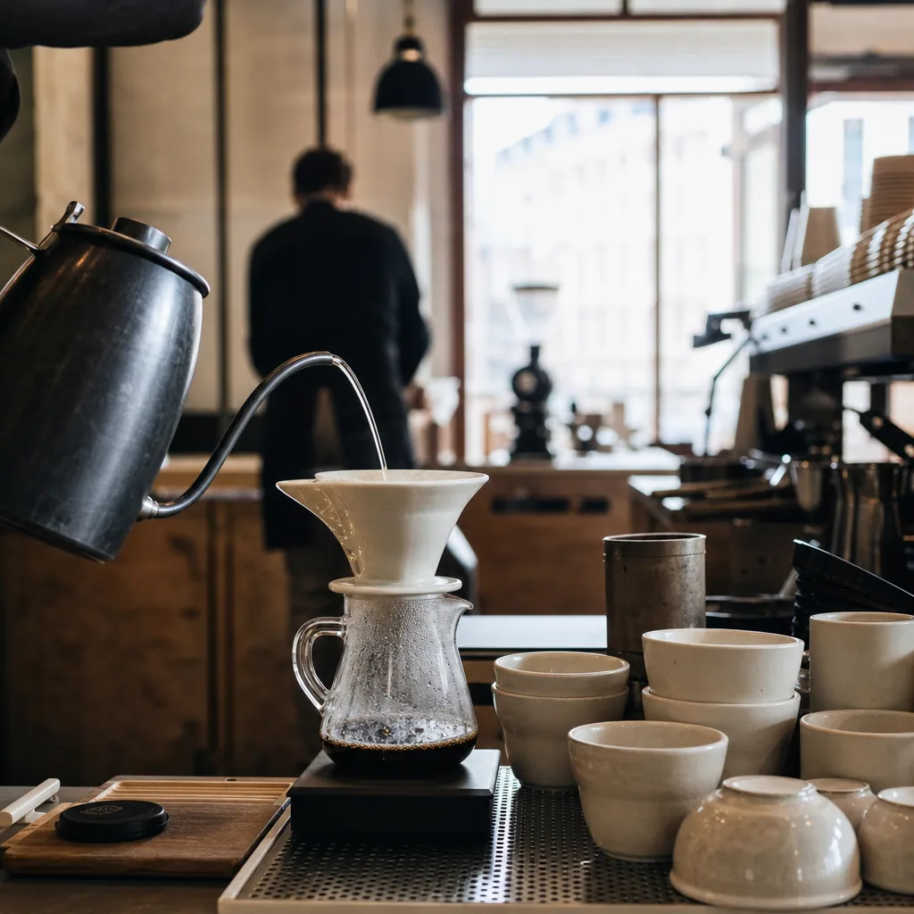Barista arbejdende ved espresso-maskine