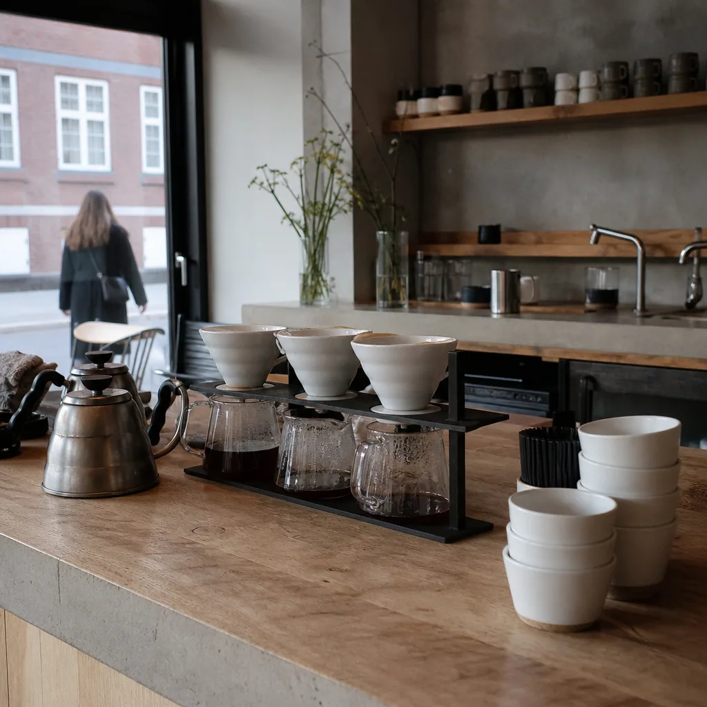 Filterkaffe serveret på disk med små kort om oprindelse