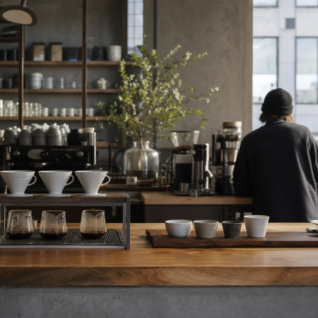 Hylde med poser fra et lokalt mikroristeri i en café