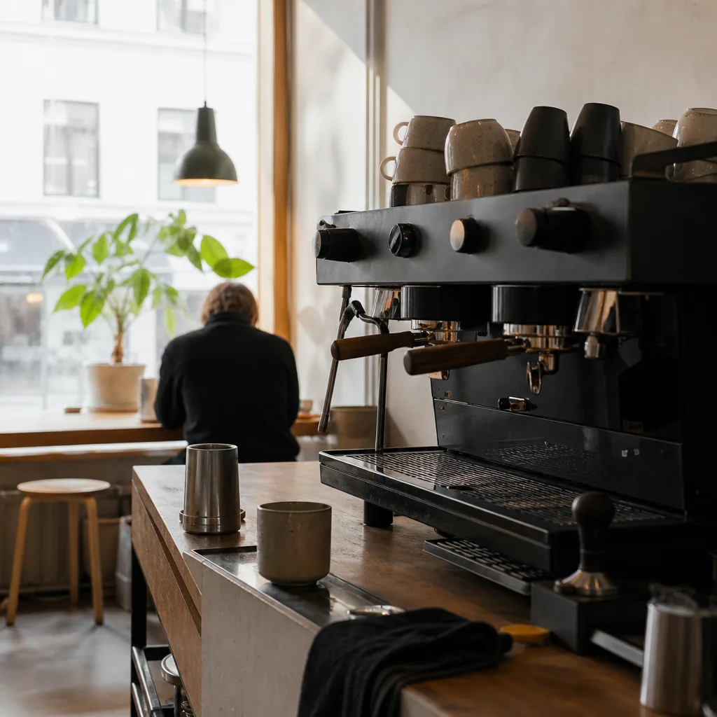 Gæster ved små borde i en lys kaffebar med højt til loftet