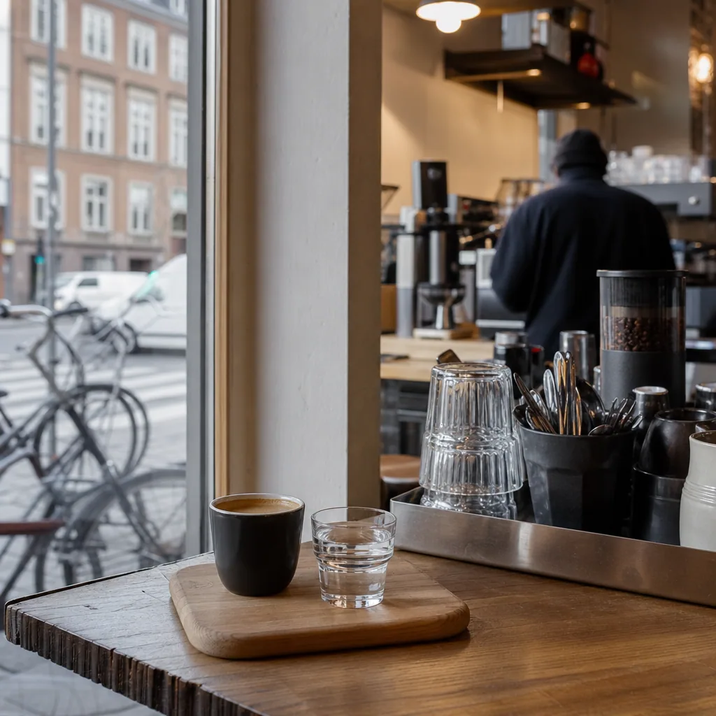Kaffekop og bær på træbord i en lys kaffebar