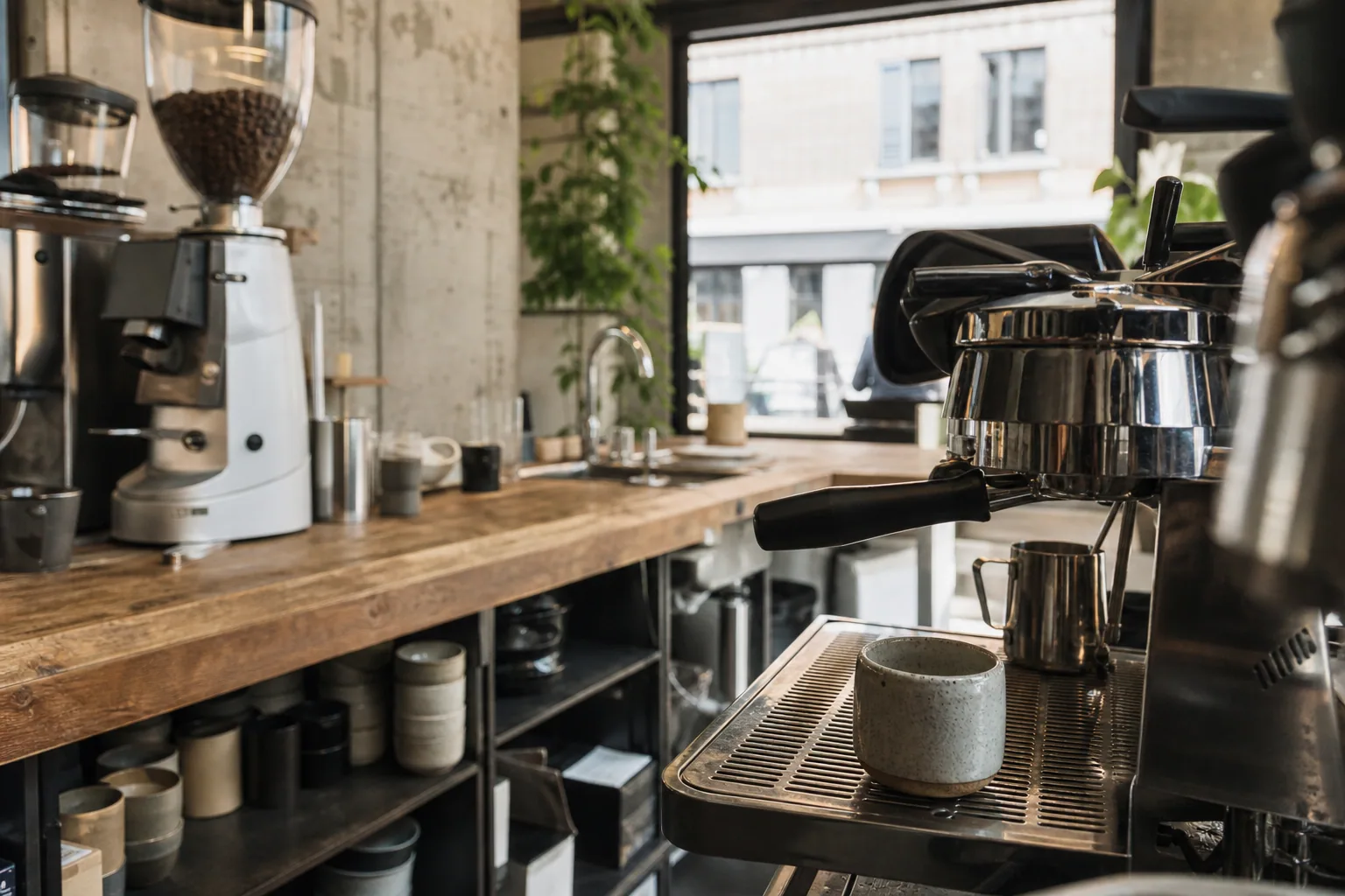 Barista hælder mælk i espresso i travl kaffebar