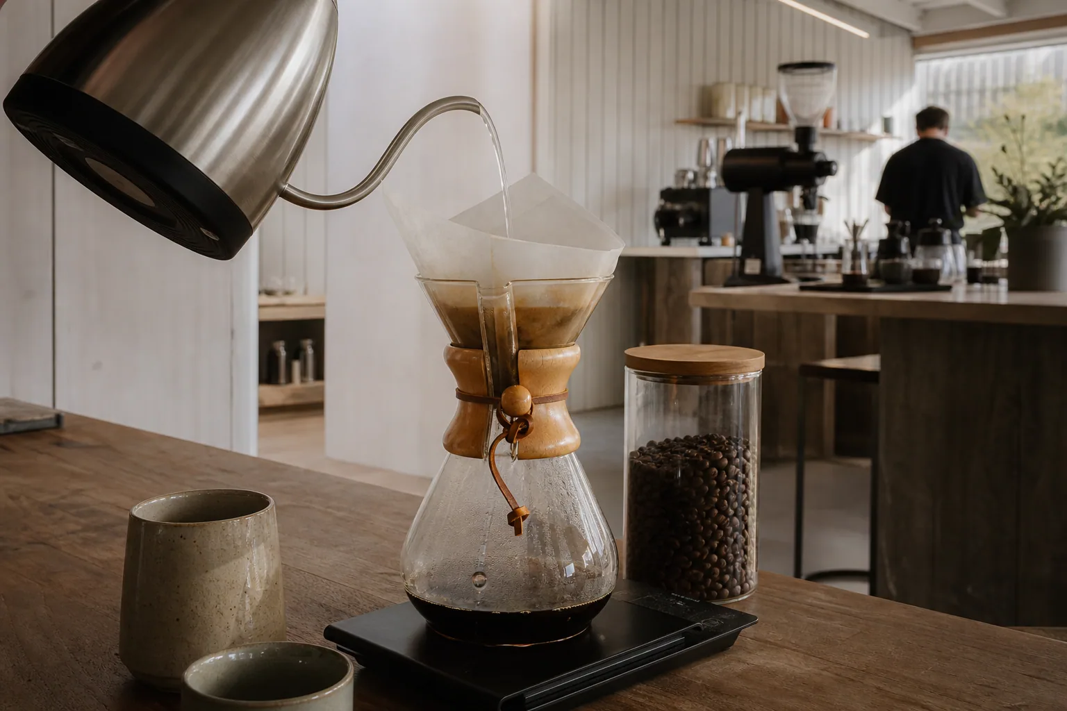 Malt kaffe bliver hældt i Chemex filteret
